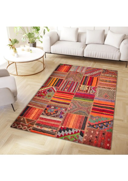Cansu Koleksiyonu Patchwork Görünümlü Turuncu Tonlarda Dokuma Taban Modern Dekoratif Halı CANSU04
