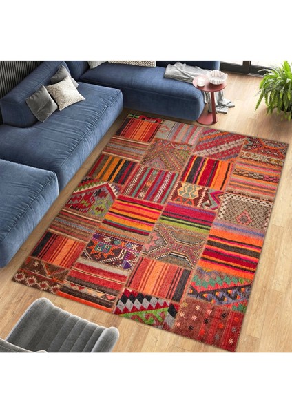 Cansu Koleksiyonu Patchwork Görünümlü Turuncu Tonlarda Dokuma Taban Modern Dekoratif Halı CANSU04