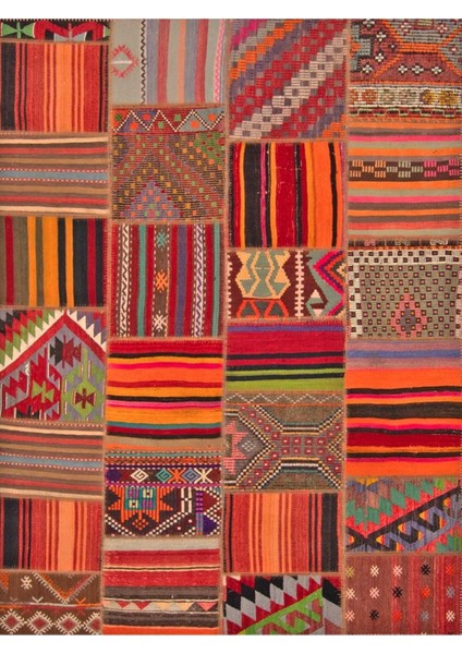 Cansu Koleksiyonu Patchwork Görünümlü Turuncu Tonlarda Dokuma Taban Modern Dekoratif Halı CANSU04
