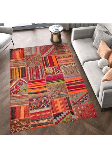 Cansu Koleksiyonu Patchwork Görünümlü Turuncu Tonlarda Dokuma Taban Modern Dekoratif Halı CANSU04
