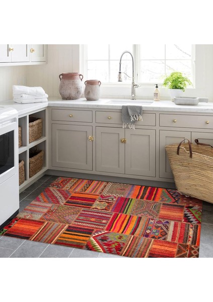 Cansu Koleksiyonu Patchwork Görünümlü Turuncu Tonlarda Dokuma Taban Modern Dekoratif Halı CANSU04