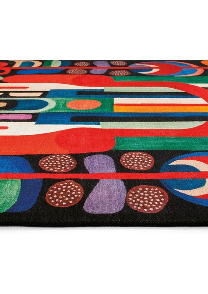 Lumina Siyah Soyut Desenli Dekoratif Halı Saçaklı Yıkanabilir Tasarım Salon Balkon Halısı