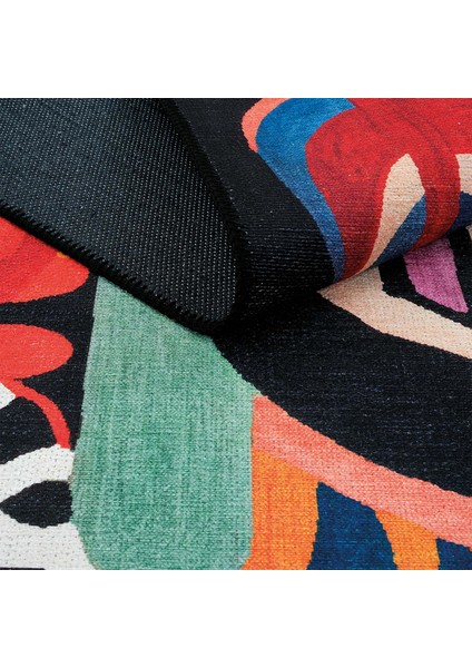 Lumina Siyah Soyut Desenli Dekoratif Halı Saçaklı Yıkanabilir Tasarım Salon Balkon Halısı