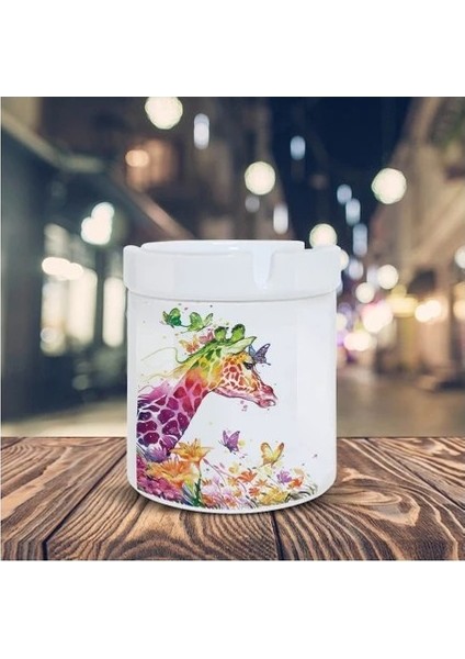 Renkli Kelebekli Zürafa Baskılı Küllük Kül Tablası
