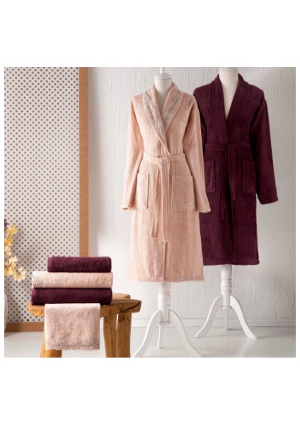 Linn Somon Bordo Elegance Bambu Aile Bornoz Seti Bamboo