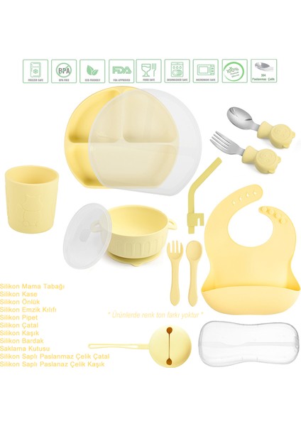 Silikon Beslenme Seti / Kapaklı, Vakumlu Silikon Mama Tabağı ve Kase, Önlük, Pipet, Bardak, Emzik Kılıfı, Çatal Kaşık, Paslanmaz Çelik Çatal-Kaşık ve Saklama Kutusu / Sarı Renk