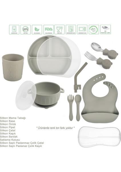 Silikon Beslenme Seti / Vakumlu, Kapaklı Silikon Mama Tabağı ve Kase, Önlük, Bardak, Pipet, Çatal, Kaşık, Paslanmaz Çelik Çatal-Kaşık ve Saklama Kutusu / Gri Renk