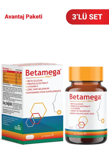 Tablet 30 Tablet 3'lü Paket Betaglukan, Propolis Ekstraktı, C Vitamini, Çinko, Selenyum