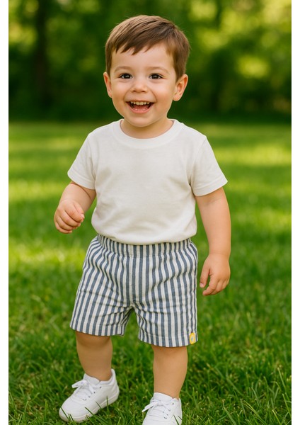 Mavi Çizgili Müslin Şort