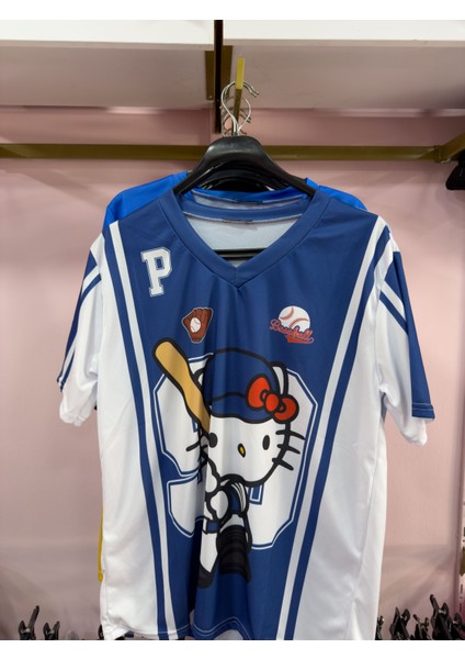 Beyaz Lacivert V Yaka Hello Kitty Baseball Jersey T-Shirt modelleri