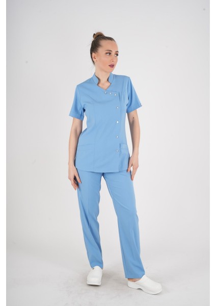 Aylu Model Soft Likra Bebe Mavisi Doktor Hemşire Hastane Scrubs Üniforma Takımı