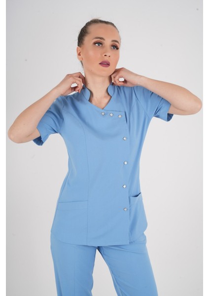 Aylu Model Soft Likra Bebe Mavisi Doktor Hemşire Hastane Scrubs Üniforma Takımı