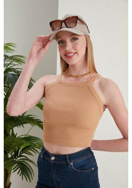 Bej Fitted/vücuda Oturan Iki Omuzu Açık Miami Fitilli Esnek Örme Bluz