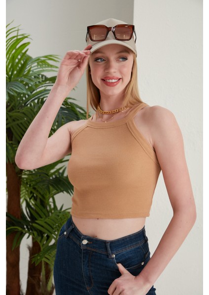 Bej Fitted/vücuda Oturan Iki Omuzu Açık Miami Fitilli Esnek Örme Bluz