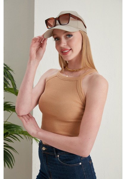 Bej Fitted/vücuda Oturan Iki Omuzu Açık Miami Fitilli Esnek Örme Bluz