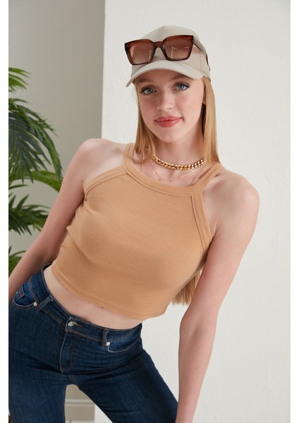 Bej Fitted/vücuda Oturan Iki Omuzu Açık Miami Fitilli Esnek Örme Bluz