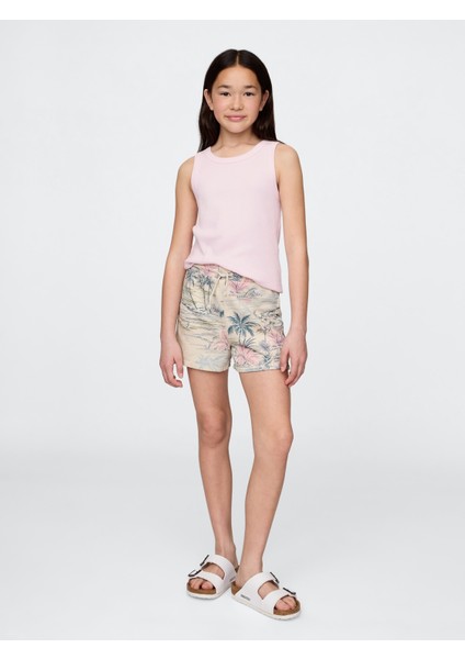 Kız Çocuk Krem Relaxed Desenli Pull-On Şort