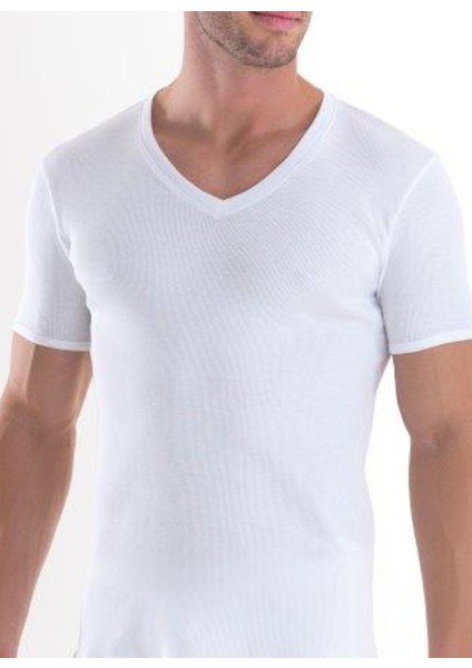 9671 ERKEK TENDER COTTON 2 Lİ V YAKA KISA KOL BEYAZ T-SHİRT