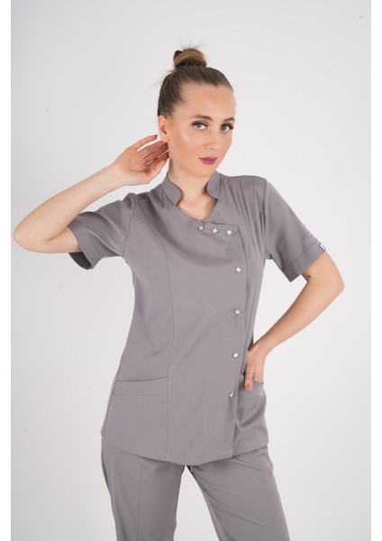 Aylu Model Soft Likra Gri Doktor Hemşire Hastane Scrubs Üniforma Takımı