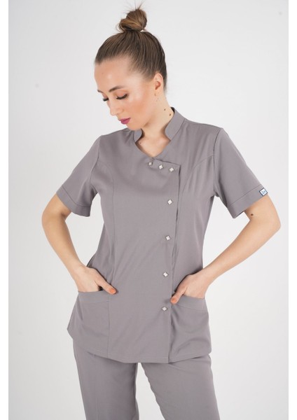 Aylu Model Soft Likra Gri Doktor Hemşire Hastane Scrubs Üniforma Takımı