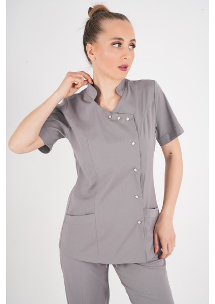 Aylu Model Soft Likra Gri Doktor Hemşire Hastane Scrubs Üniforma Takımı