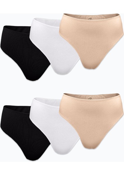 Kadın Siyah Beyaz Ten Rengi 6 Lı Paket Modal Yüksek Bel String Tanga 6M178