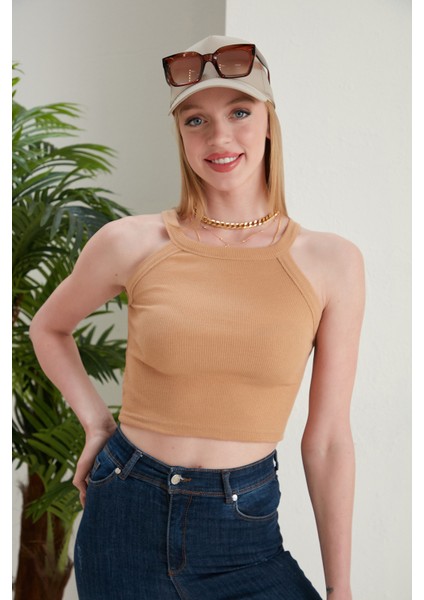 Bej Fitted/vücuda Oturan Iki Omuzu Açık Miami Fitilli Esnek Örme Bluz