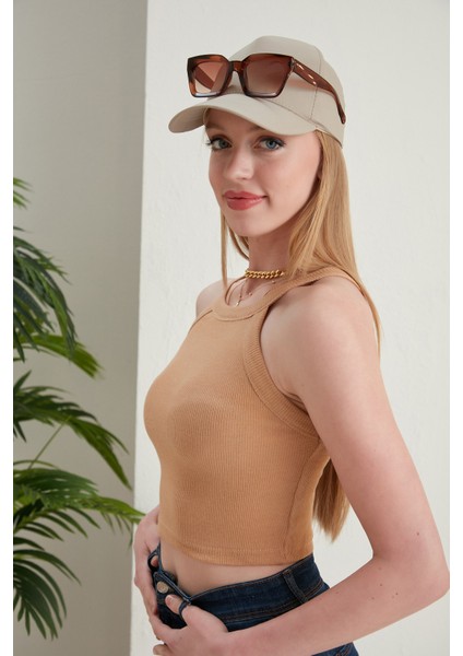 Bej Fitted/vücuda Oturan Iki Omuzu Açık Miami Fitilli Esnek Örme Bluz