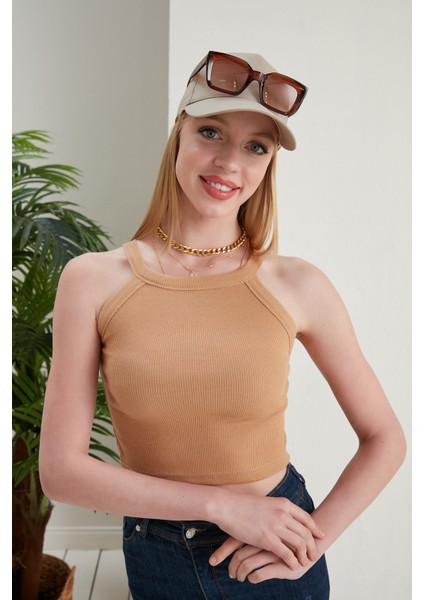 Bej Fitted/vücuda Oturan Iki Omuzu Açık Miami Fitilli Esnek Örme Bluz