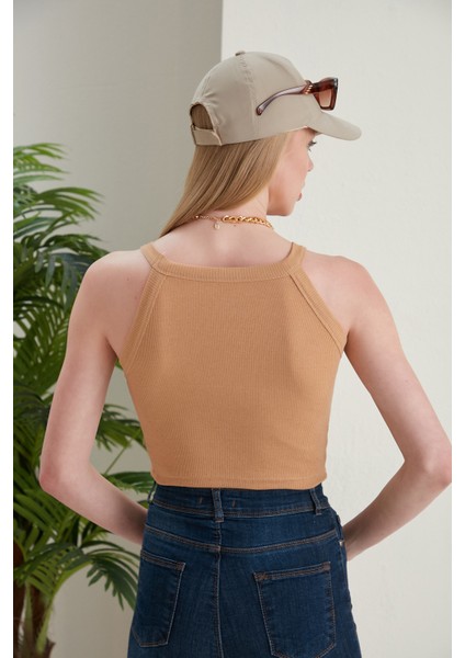 Bej Fitted/vücuda Oturan Iki Omuzu Açık Miami Fitilli Esnek Örme Bluz