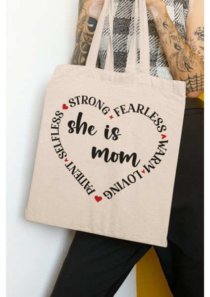 She Is Strong Fearless Warm Mom Baskılı Anneler Günü Hediyelik Bej %100 Pamuklu Ham Bez Bej Çanta
