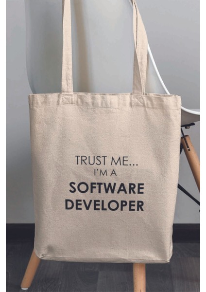 Trust Me I'm A Software Developer Yazılımcı Hediyelik Baskılı %100 Pamuklu Ham Bez Bej Çanta