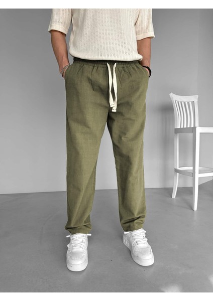 Erkek %100 Pamuk Ipli Boyfriend Kalıp Keten Pantolon Haki Yeşil