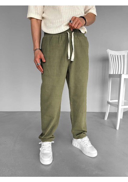 Erkek %100 Pamuk Ipli Boyfriend Kalıp Keten Pantolon Haki Yeşil fiyatları