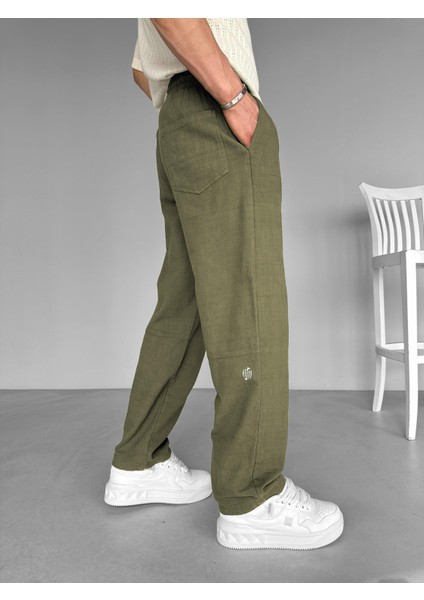 Erkek %100 Pamuk Ipli Boyfriend Kalıp Keten Pantolon Haki Yeşil modelleri