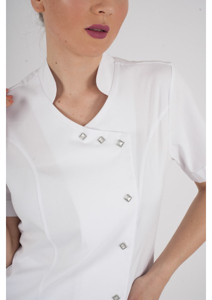 Aylu Model Soft Likra Beyaz Doktor Hemşire Hastane Scrubs Üniforma Takımı