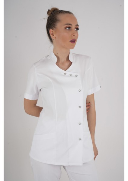 Aylu Model Soft Likra Beyaz Doktor Hemşire Hastane Scrubs Üniforma Takımı