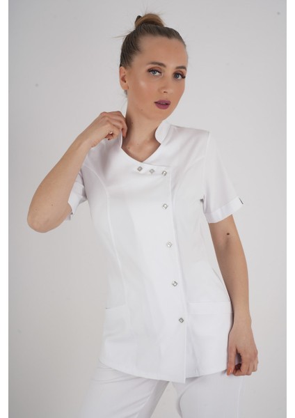 Aylu Model Soft Likra Beyaz Doktor Hemşire Hastane Scrubs Üniforma Takımı