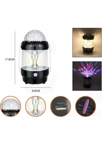 Renkli Disko Kamp Feneri, Taşınabilir Çok Fonksiyonlu Gece Lambası, Şarjlı