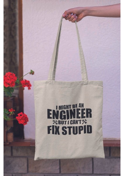 I Mıght Be An Engineer Mühendis Hediyelik Baskılı %100 Pamuklu Ham Bez Bej Çanta