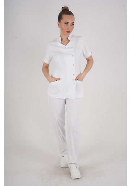Aylu Model Soft Likra Beyaz Doktor Hemşire Hastane Scrubs Üniforma Takımı