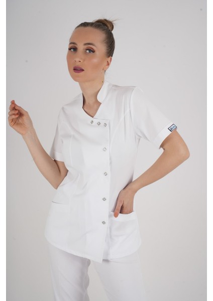 Aylu Model Soft Likra Beyaz Doktor Hemşire Hastane Scrubs Üniforma Takımı