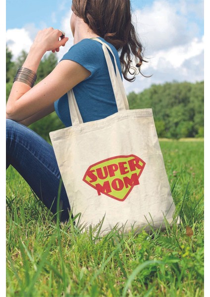 Super Mom Anneler Günü Hediyelik Baskılı %100 Pamuklu Ham Bez Bej Çanta