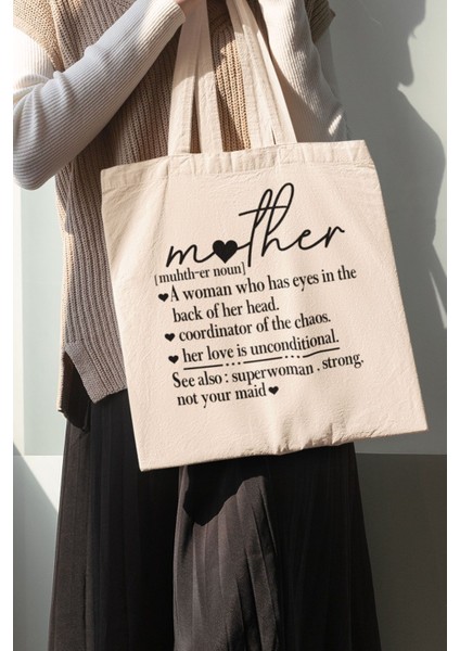 Happy Mother's Day No:3 Baskılı Anneler Günü Hediyelik Bej %100 Pamuklu Ham Bez Bej Çanta