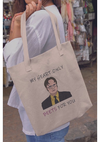 My Heart Only Dwight Schrute The Office Baskılı %100 Pamuklu Ham Bez Bej Çanta