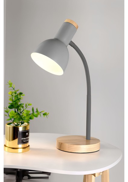 Gri Ahşap Tabanlı Modern Masa Lambası, Şık ve Esnek Boyunlu Çalışma ve Ofis Lambası