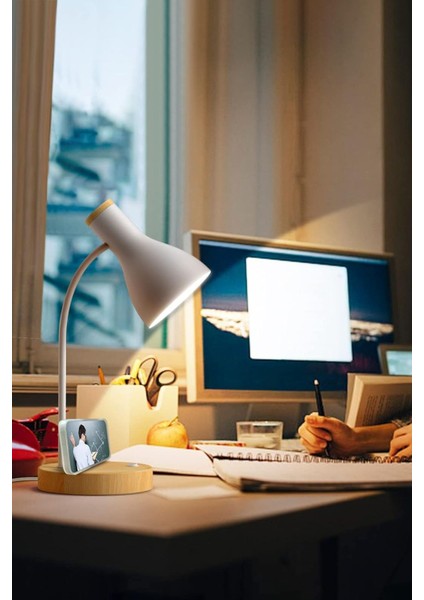 Gri Ahşap Tabanlı Modern Masa Lambası, Şık ve Esnek Boyunlu Çalışma ve Ofis Lambası modelleri