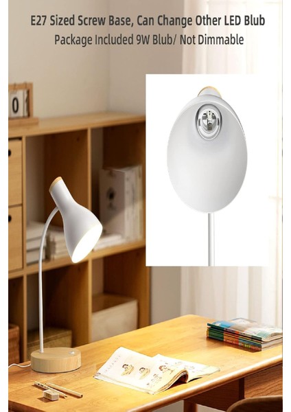 Gri Ahşap Tabanlı Modern Masa Lambası, Şık ve Esnek Boyunlu Çalışma ve Ofis Lambası fırsatları