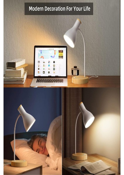 Gri Ahşap Tabanlı Modern Masa Lambası, Şık ve Esnek Boyunlu Çalışma ve Ofis Lambası