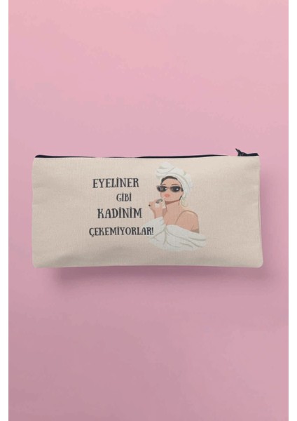 Eyeliner Gibi Kadınım Çekemiyorlar Baskılı Bez Makyaj Çantası Kalemlik Cüzdan
